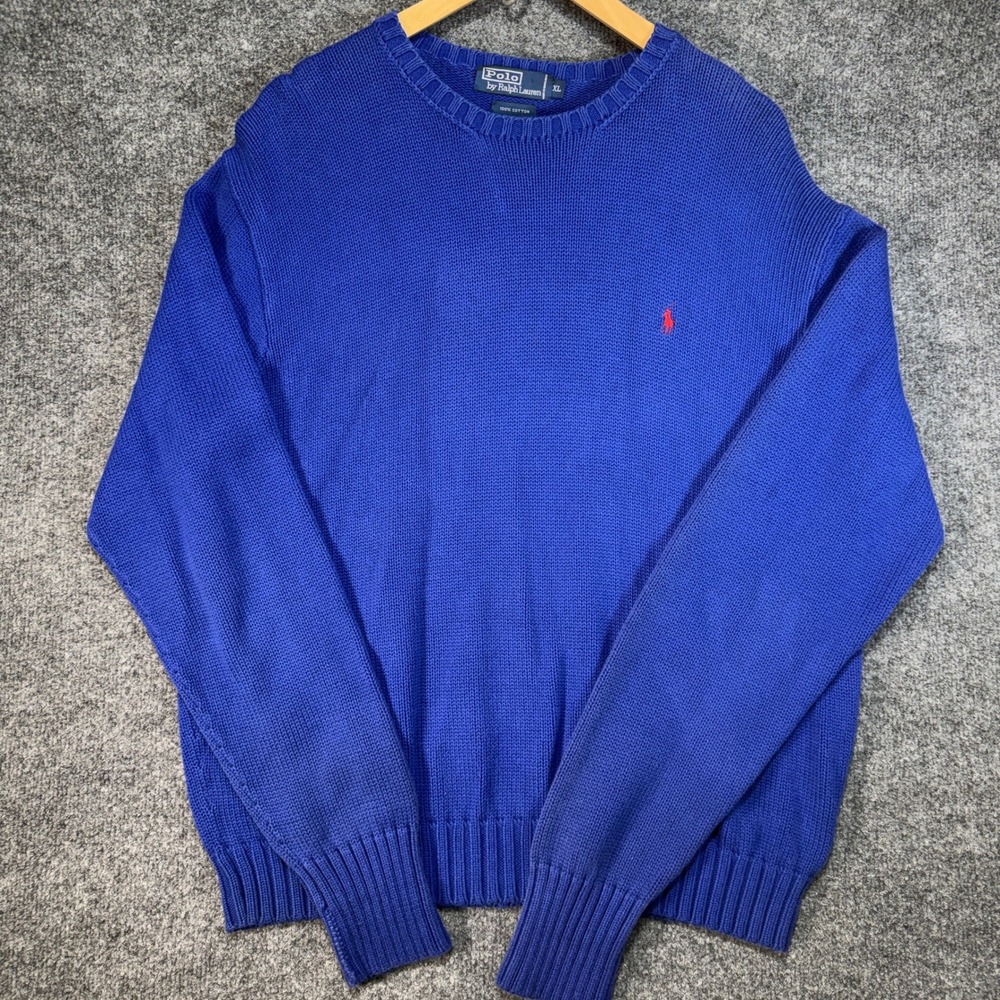 Polo Ralph Lauren Fisherman Knit Sweater Men XL Blue Chunky Pony Logo Vintage 90